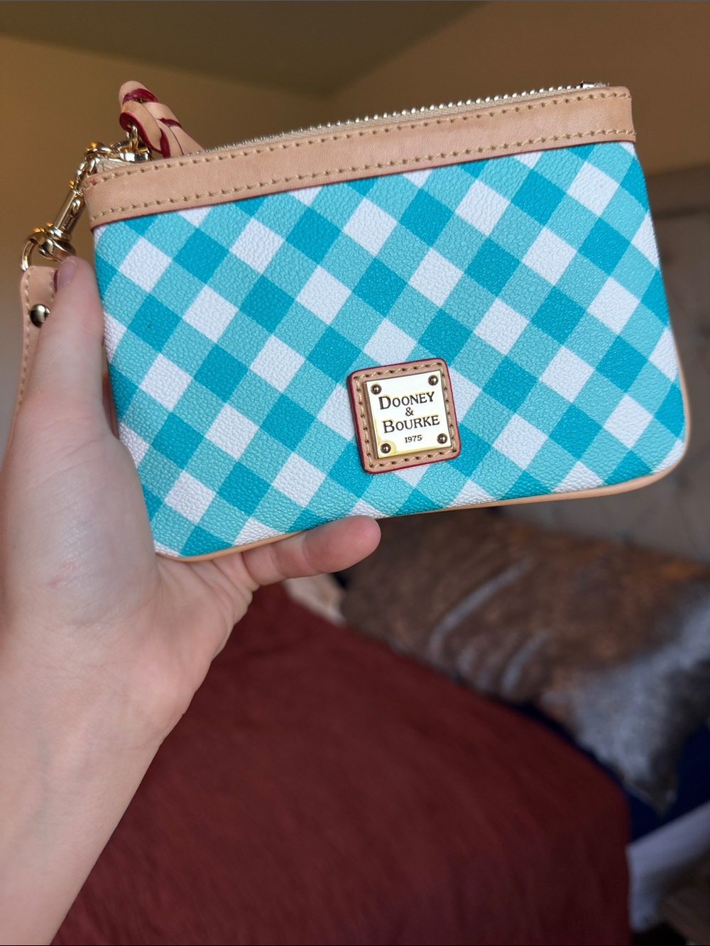 Dooney & Bourke Turquoise Gingham Wristlet with Tan Trim